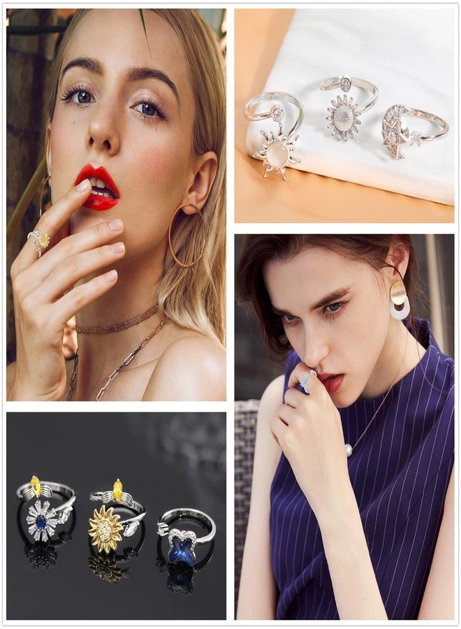 Honsny Fidget Rings for Women, Spinner Fidget Ring Set, Sunflower Butterfly Bee Star Moon Relief Spinning Rings for Adults - Image 2